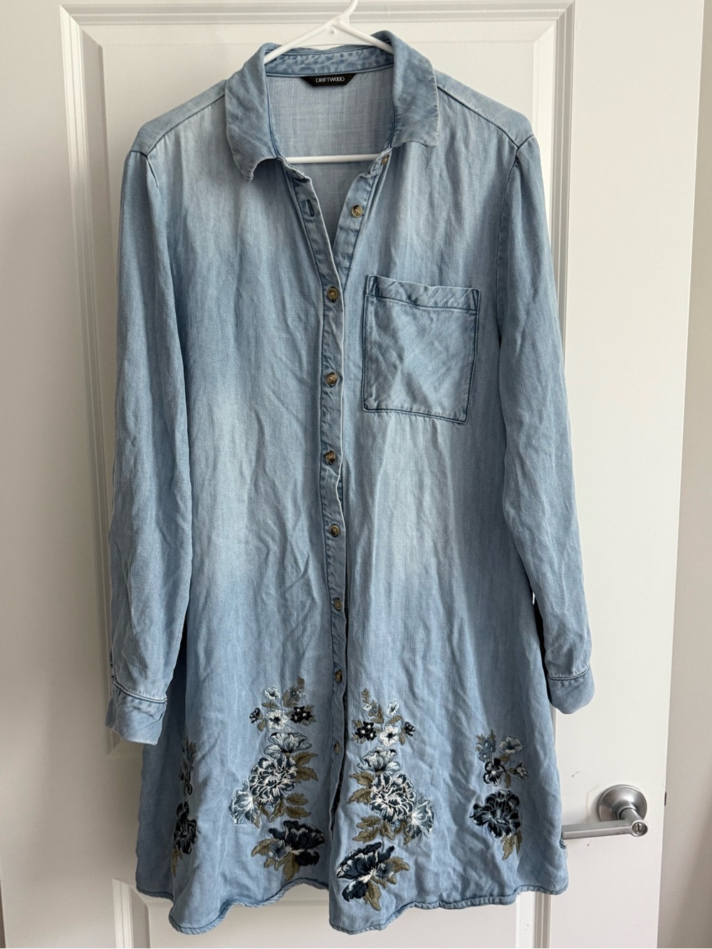 DRIFTWOOD Lyocell Beautiful Floral Embroidered Hem Boho Denim/Chambray Dress, XL